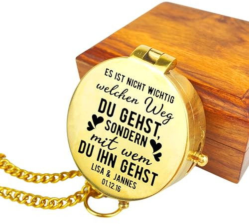 Personalisierter Kompass mit Gravur Wunschmotiv Liebe und Wunschtext Name Diverse Designs Messing Ledertasche Geschenkbox Geschenkidee (poliert/glänzend)