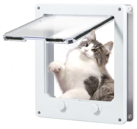 Sutowe Porta per gatti interna in plastica bianca, per interni, gattaiola, porta scorrevole per animali domestici, chiusura a 4 vie, per porte esterne e finestre (22 x 19 cm)