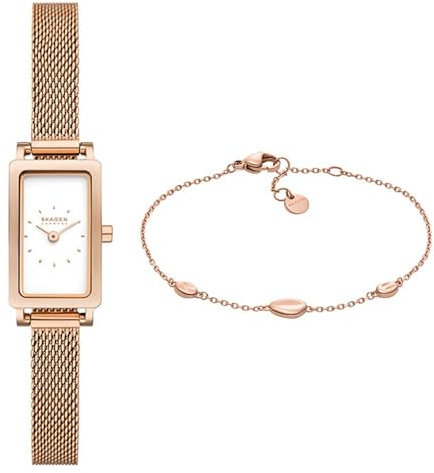 Skagen Damen Hagen Micro Roségold-Ton Edelstahl-Uhr und Anja Pebbles Armband, Set