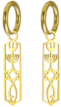Messianisches Siegel Tropfenohrringe Davidstern Jesus Fisch Menora Ohrringe Messianisches Siegel von Jerusalem Ohrringe Jüdisches religiöses Amulett Chanukka Schmuck Geschenk für Frauen (gold)