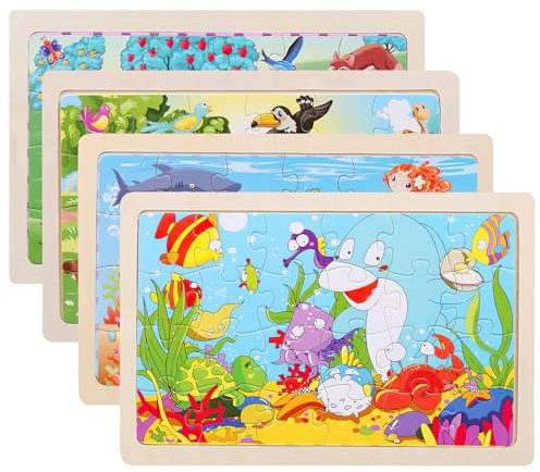 Tiere Puzzle ab 3 4 5 Jahre 4 Puzzle x 24 Stück Kinder Mädchen Holzpuzzle Vorschule Lehrreiches Spielzeug Montessori Puzzle Geschenke für Kinder für Jungen und Mädchen