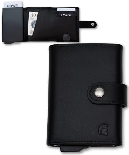 POWR Portefeuille en métal pour Homme avec Compartiment pour pièces de Monnaie, Porte-Cartes RFID en Cuir végétalien Noir pour Homme. Portefeuille Minimaliste pour Homme. Portefeuille Pop-up Fin en