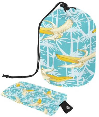 Drawstring Toiletry Bag, Fruit Banana Tropical Plam Tree Blue Barrel Shaped Wash Bag Cosmetic Bags, Travel Makeup Organiser Pouch + Small Bag