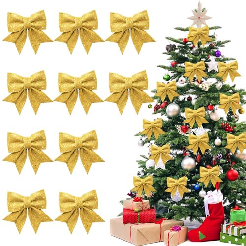 Hyran 10 Stück Schleifen Weihnachtsbaum, Glitzer Weihnachtsschleifen, Rote Schleifen Weihnachten, Geschenkschleifen, Weihnachtsbaum Deko (Gold)