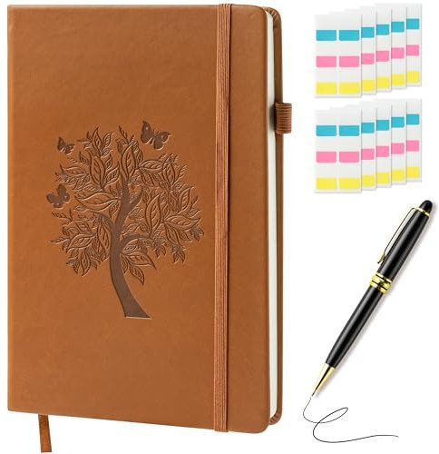 GoaePode A5 Blanko Notizbuch Set, 300 Seiten Lined Papier Notizbücher mit Stiftschlaufe, Prägebaum Design Memo Notizblock mit Kugelschreiber Haftnotizen, Tagebuch für Schüler Studenten, Braun