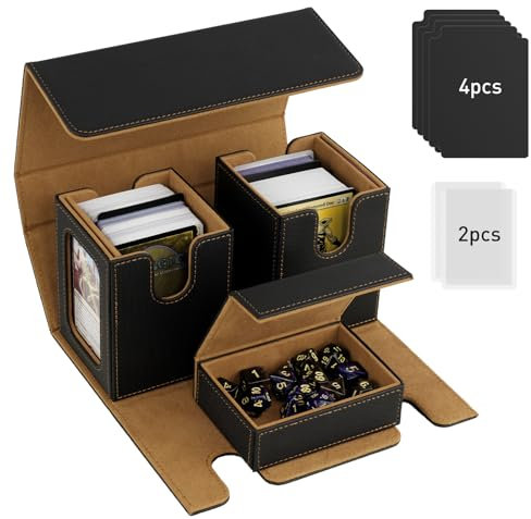TiMOVO Caja de Cartas para MTG, Soporte Mazo de Cartas para 200+ Cartas de Doble Funda, Deck Box con 2 Expositores & 4 Divisores & Bandeja de Dados para YuGiOh, TCG, CCG Cartas Mágica, Oro Negro