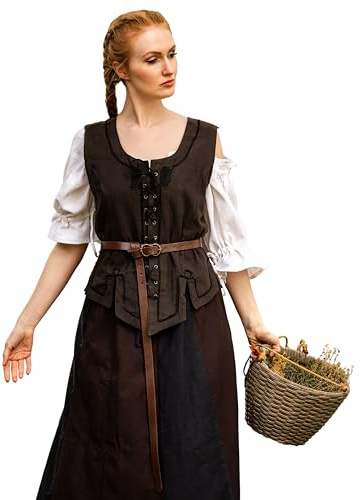 Leonardo Carbone® Damen Weste Miederweste Selma | Stickerei Details | Schnürung Vorne Und Hinten | Karneval, Halloween, Cosplay, LARP, Mittelalter, Kostüm | 100% Baumwolle Dunkelbraun L