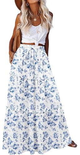 Hotouch Maxirock Damen Lang Hohe Taille Rock Sommerrock Casual Skirt Elegant Plisseerock Langer Röcke mit Taschen Blumen-B XXL
