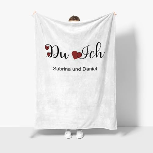 fotobar Kuscheldecke Du Ich mit Herzen - mit Namen personalisierbar - Geschenkidee für Verliebte, Valentinstag Text Herzen 140 x 200 cm
