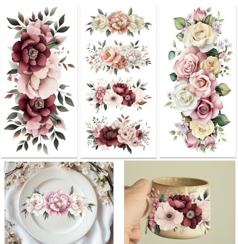 ORIGACH 3 Bogen Vintage Blühende Blumen Rub On Transferaufkleber, Abziehbilder Für Möbel Zuhause Möbel Aufkleber Für Holz DIY Bastelprojekte Scrapbooking Wohnkultur 15×30 cm