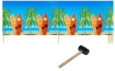 Ladeheid Windschutz Strand Strandzubehör Sichtschutz Holzstäbe LAEX001 | Mit Gummihammer, Strand Sichtschutz für Camping, Windfang im Sand, maritimes Muster, praktisches Strandzubehör mit Holzstäben