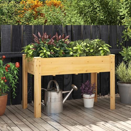 GOPLUS Carré Potager sur Pieds en Bois de Sapin, Jardinière Surélevée Extérieure avec Trou de Drainage, pour Fleurs, Légumes et Fruits, 120,5x60,5x81,5CM (Naturel)