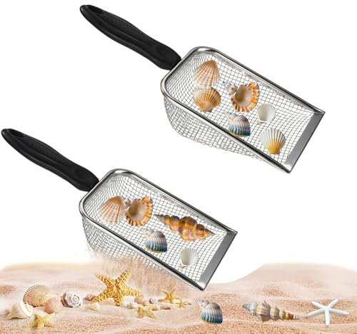 lasuroa 2pcs Beach Mesh Shovels, Stainless Steel Sand Shovels Beach Shell Scooper Summer Toys Accessories for Boys Girls Stainless Steel Sand Sifter for Picking up Shells