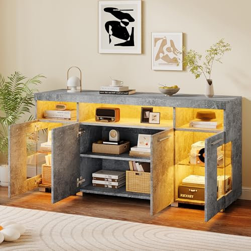 Pangshiyuan Mesa auxiliar de color cemento con iluminación LED, armario lateral blanco brillante, vitrina de cristal con 3 compartimentos, 140 x 40 x 70 cm, aparador MDF para salón