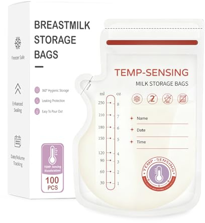 WeSweet 100Pcs Temp-Sensing Breast Milk Storage Bags- 250ml Milk Storage Bags for Breastfeeding with Pour Spout | BPA Free No-Leak
