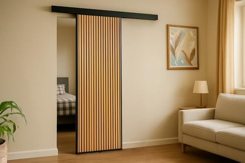 Lovo Lamellenschiebetür mit Akustikpaneelen, Maße: 949 x 2150 x 40 mm, Komplettset inkl. Schienen in 2 Meter Länge, Farbe: Helle Eiche Echtholzfurniert, Zimmertürenersatz, Durchgangstür