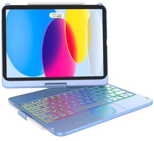 KARFUN Coque Clavier pour iPad 11/10e Generation (11 A16 2025/10,9 2022) | Housse de Protection Rotative à 360° avec Porte-Stylet, étui avec Clavier Trackpad Rétro-éclairé, Français AZERTY, Bleu océan
