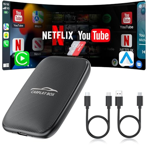 5-in-1 Kabellos Adapter für CarPlay und Android Auto, Kabelloser CarPlay Adapter mit Netflix,YouTube,TF-Karte, Plug&Play,Magic Video Ai Box für Fahrzeuge mit werkseitigem kabelgebundenem Apple CarPlay