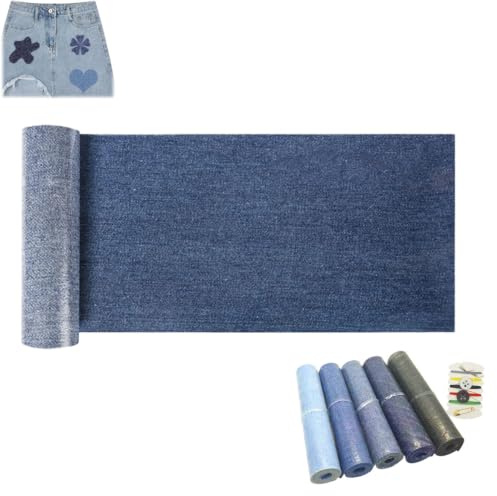 FzailproH Iron on Patches 5 Rolls, 5 Colors Denim Iron on Patches for Jeans | 3.15 X 20.08in | Cuttable Design | Denim patches with sewing kit | For clothing Inside & outside repair for jeans bags diy