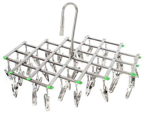 Stainless Steel 35 Clips Drying Rack, Space Saver Hanger,Smart Hook Design Avoid Blowing Away, Drying Pegs for Socks, Towels, Underwear, Scarves, Shirt or Small Size Clothes