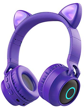 Funwaretech Cuffie per Bambini Over-Ear, Cuffie Bluetooth Wireless con Microfono, Cuffie Pieghevoli con Luce a led & Orecchio di Gatto Divertente, Mini SD/TF, Radio FM, Cuffie Morbide(Viola)