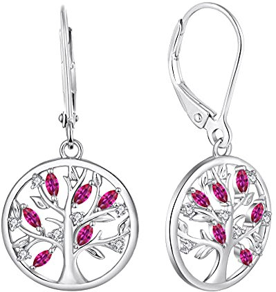 JO WISDOM Boucles d'oreilles Arbre de vie en Argent 925/1000 Dormeuse pour Femme avec 3A Oxyde de Zirconium Pierre de naissance de Juillet Couleur Rubis