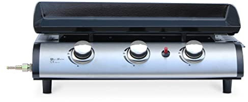 sweeek - Plancha de gas 3 fuegos - Porthos 3 fuegos - 7,5 kW, barbacoa, cocina exterior, gran placa esmaltada, acero inoxidable