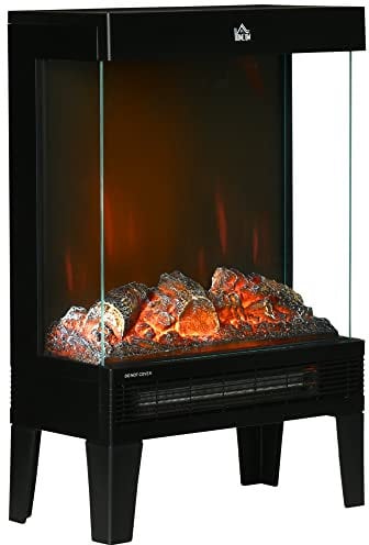HOMCOM 180° Charming Electric Fireplace Heater, Quiet Freestanding Stove with LED Flame Effect, Level-less Temperature Control, Overheating Protection, 1000W/2000W, Black