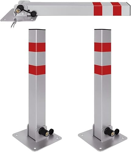 Aufun Klappbar Parkpfosten Absperrpfosten ParkWatch Parkplatzsperre 60cm mit Stabil Park Poller Set 3 Schlüssel und Reflexstreifen Robust Standfuß Sperrpfosten, Silber Grau (3 Stück)