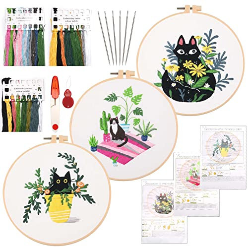NAEBRO Beginner Embroidery Set, 3 Pieces Cross Stitch Embroidery Set with Pattern and Instructions, Adult Cross Stitch Embroidery Picture Set for DIY Arts Crafts Sewing (Cat and Plants)