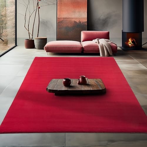 Teppium Waschbarer Teppich Wohnzimmer, Kurzflor rutschfest Flauschig Weich, Einfarbig Rot, Felloptik, Super Soft, Grösse 80 x 150 cm