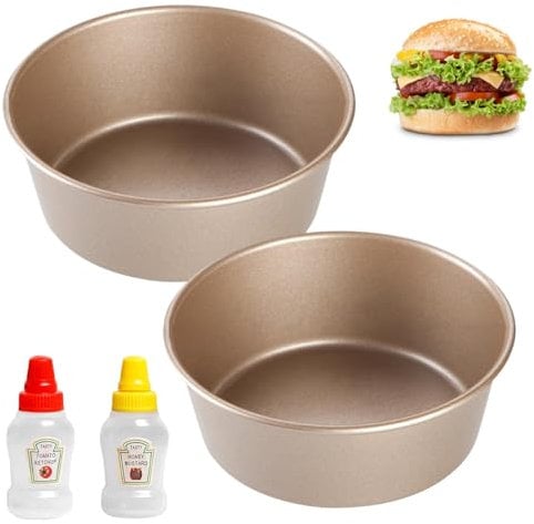 MVPACKEEY Pack of 2 Air Fryer Egg Moulds,4'' Ramekins for Air Fryer, Egg Ring Molds for Baking,Non Stick Moulds for Fried Egg Muffin Sandwiches,Mini Cake Tin with Ketchup Bottles for Baking(Gold)