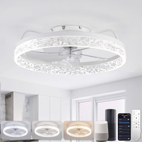 YUNLONG Smart WiFi Plafoniera con Ventilatore da Soffitto, Compatibile con Alexa, Google, Telecomando, Smart Life, Lampadario con Ventola, Dimmerabile, Reversibile 5 Pale, Bianco