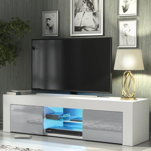 Creative Furniture TV Unit 130cm White Modern Stand Grey Gloss Doors Free LED, E046