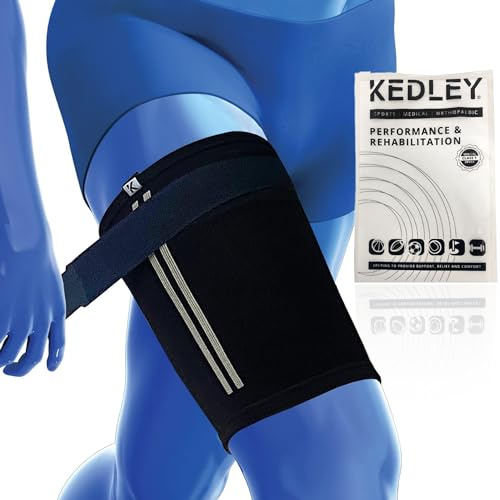 Black Thigh Compression Sleeve, Advanced Elasticated Support Band with Non-Slip Strap (2, M/L)