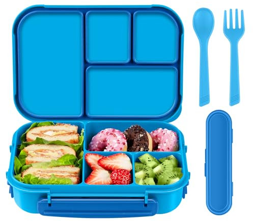 Amathley Lunch Box Kids,Bento Box Adult,Leakproof Lunch Containers for Adults/Kids/Toddler,1200ML-4 Compartments Bento Boxes with Utensil,Microwave & Dishwasher & Freezer Safe (Blue)