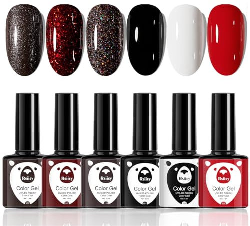 Glitter Gel Nail Polishes Set-6 Pack White Red Black Nail Gel Starter Kit-Cured Gel Needed Diy Home Salon Nail Art-Nail Polish Gift Set For Women 6pcs X 7.3ml