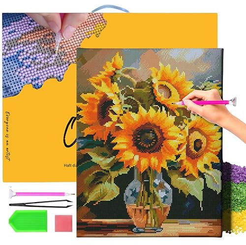 Oh Art! Diamond Painting Diamantmosaik Diamant Bilder Set 5D Mit Rahmen DIY Stickerei Nach Zahlen Erwachsene Leinwand 40 x 50 cm Sonnenblumen In Vase