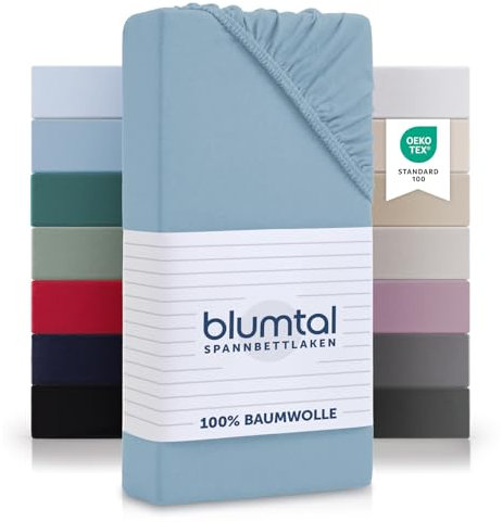 Blumtal Baumwolle Spannbettlaken Basics Jersey - Oeko-TEX zertifiziertes Spannbetttuch - Matratzenbezug - Bettbezug / Leintuch in Dusk Blue - 90x200 cm