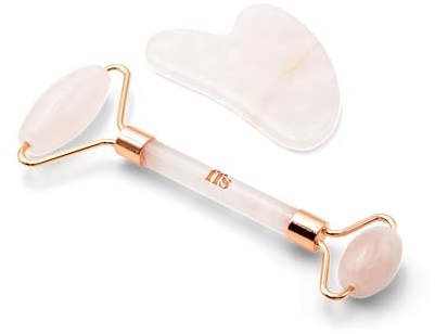 FFS Beauty Gua Sha Stone & Rose Quartz Massage Roller Set | Rivitalizza e rinfresca la pelle stanca e gonfia | Doppio rullo calmante e contorno a forma di cuore | Promuove il rilassamento e la