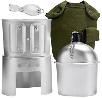 BeGrit Botella militar de 850 ml con cáscara, juego de cazuelas militares con cuchara y taza, asas plegables y parrilla, 4 piezas, kit militar de ollas, camping, taza Scout para excursiones, mochila,