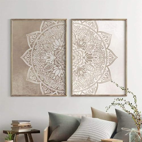 AdoDecor Bilder 2er Set, Wandbilder Wohnzimmer, Leinwand Bilder, Mandala-Zen-Posterdrucke Bilder Schlafzimmer, Yoga in neutralen Farben Leinwandbilder Zimmer Deko Aesthetic(Gerahmt)