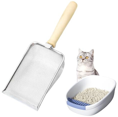 Katzenschaufel Edelstahl, 5mm Porengröße Katzenklo Schaufel Fein Katzenstreuschaufel Metall mit Holzgriff, Metallstreuschaufel Katzen Schaufel Litter Box Scoop für alle Arten von Katzenstreu