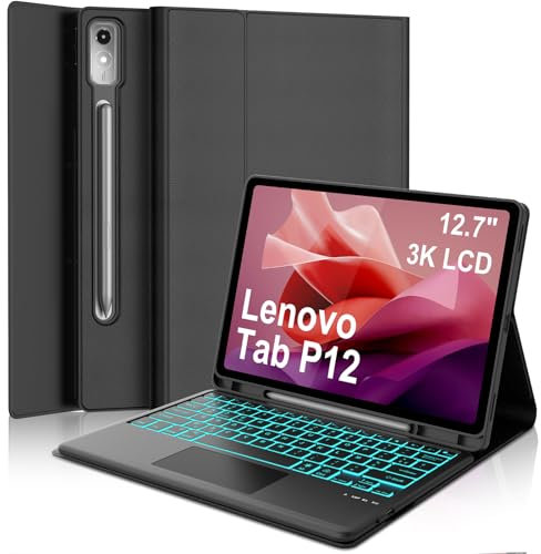 WAVATA Clavier pour Lenovo Tab P12 12.7 2023 avec Pavé Tactile, Étui Clavier pour Lenovo Tab P12 2023 Rétroéclairé Magnétique Amovible Français AZERTY Layout, Noir