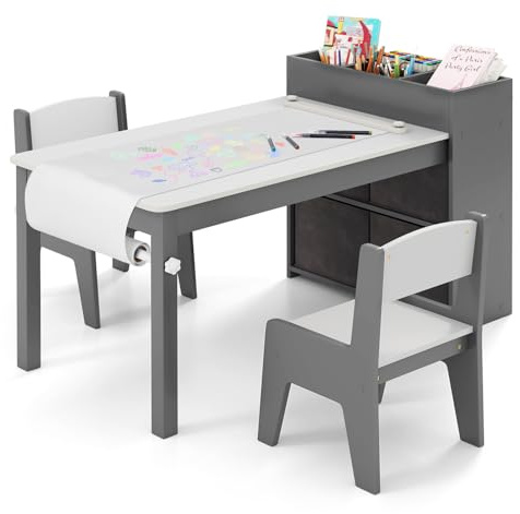 COSTWAY Kindertisch mit 2 Stühlen, 2 in 1 Kindersitzgruppe aus Holz mit Stauraum, Kinder Tisch Stuhl Set mit Papierrollenhalter & 4 Stoffbehältern, Maltisch für Kinder ab 3 Jahren (Grau)