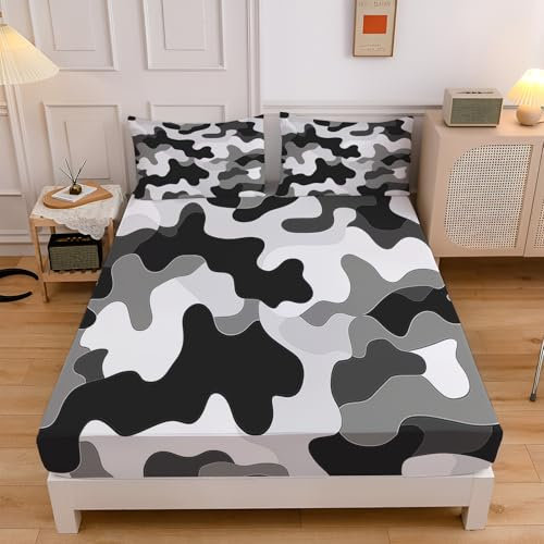 Spannbettlaken Für Boxspringbetten, Abstrakte Camouflage-Elemente Spannbetttücher Mikrofaser Bis 30Cm, Superweiches Spannbetttuch Bettlaken (140X200Cm+30,Graues Camouflage-Muster)