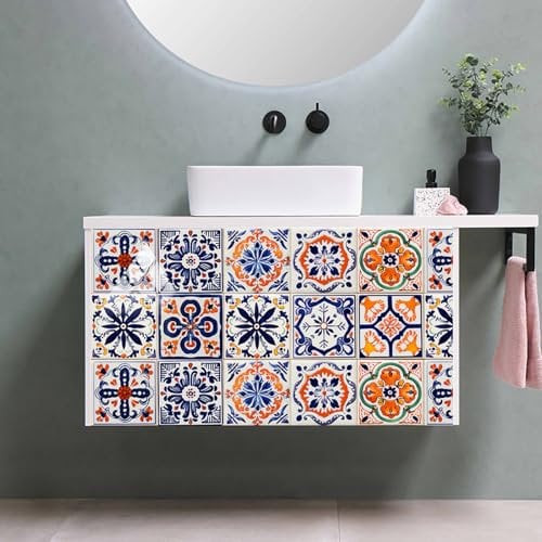 Tile Stickers Navy Blue Orange Self Adhesive Stick on Tiles Transfers PVC Durable Peel and Stick Bathroom Floor Tiles Kitchen Wall Art Waterproof Oil-Proof Removable 15x15cm/10 Pcs