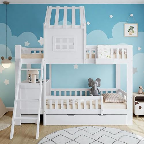 LANTRO JS Etagenbett 2 Kinder, Zwei Schubladen mit Rollen, Schönes Dach wie EIN Haus, Hochbett mit Treppe, Doppelstockbett, Mit Lesetisch und Ablagekorb, Weiß