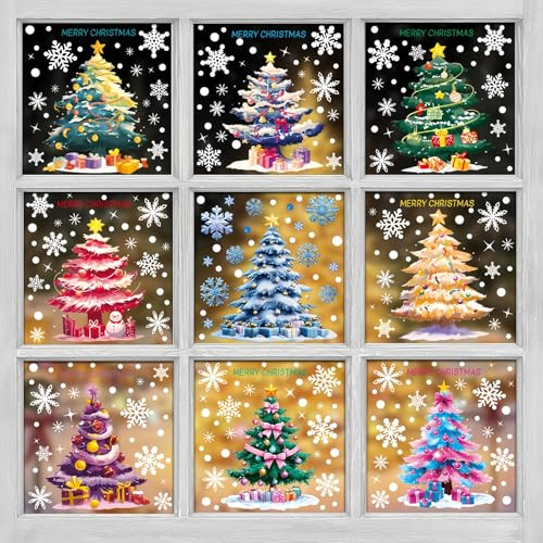 9 Adhesivos navideños para ventanas, calcomanías agujas de pino para bolas árbol de Navidad pintadas al óleo, pegatinas copos nieve invernales para la oficina en casa