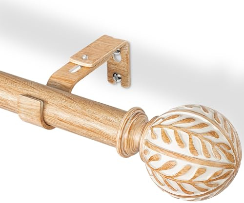 DEFYNEE Ausziehbare Gardinenstange in Holzoptik 76-219 cm | Ø 25 mm Metallkern in Holzoptik | Mit Blattmuster-Endstücken für Fenster & Türen, Braun